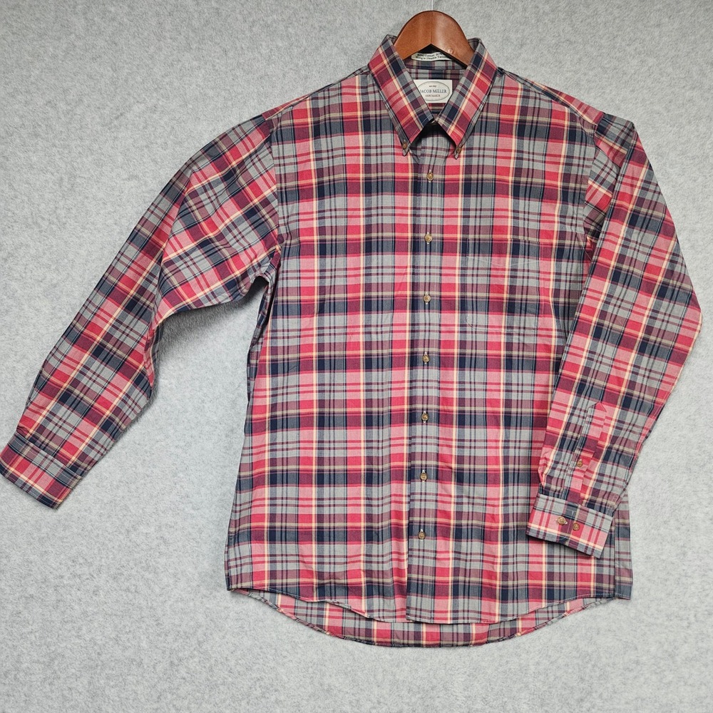 Jacob Miller Button Down Mens L Red Plaid Cotton Wool Blend Single Needle Shirt